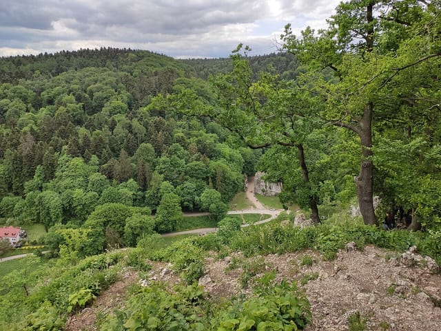 Widok z rejonu Góry Koronnej ku Bramie Krakowskiej, maj 2022. Brama jest widoczna z oddali. Fotografia archiwalna.