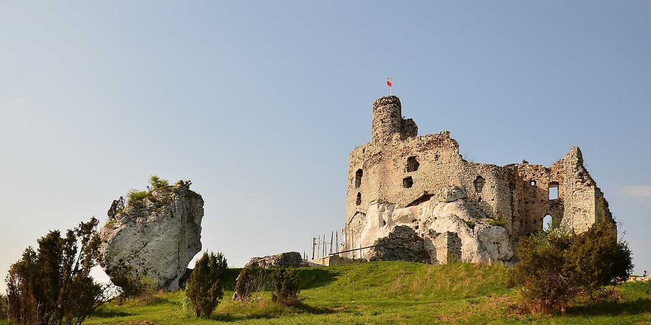 Zamek Mirów widziany z zewnątrz, maj 2014. Zdjęcie archiwalne, nie potwierdza obecnego stanu prac.