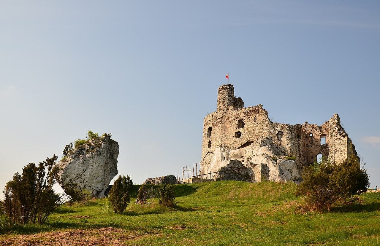 Zamek Mirów widziany z zewnątrz, maj 2014. Zdjęcie archiwalne, nie potwierdza obecnego stanu prac.