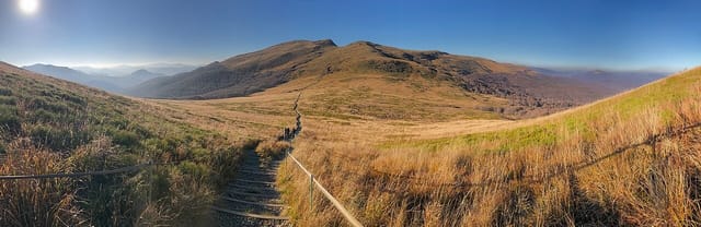 Gniazdo Tarnicy i Halicza, widok ze zbocza Krzemienia przed przełęczą Goprowską, Bieszczady, październik 2019