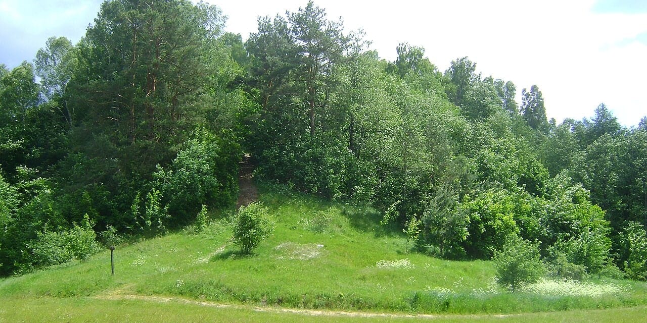 Góra Zamkowa w Czajewszczyźnie koło Szurpił, czerwiec 2017. Archiwalny widok na wzgórze z zewnątrz, nie panorama ze szczytu.