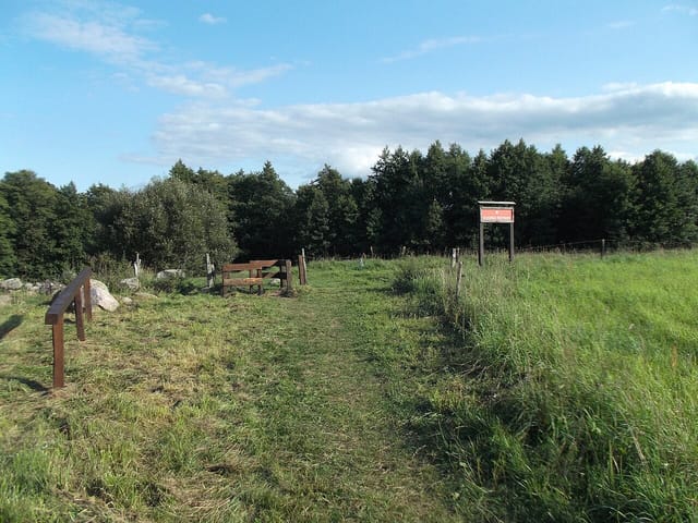 Wejście do rezerwatu Głazowisko Bachanowo, sierpień 2018. Fotografia archiwalna, nie potwierdza obecnego stanu bramki i dojścia.