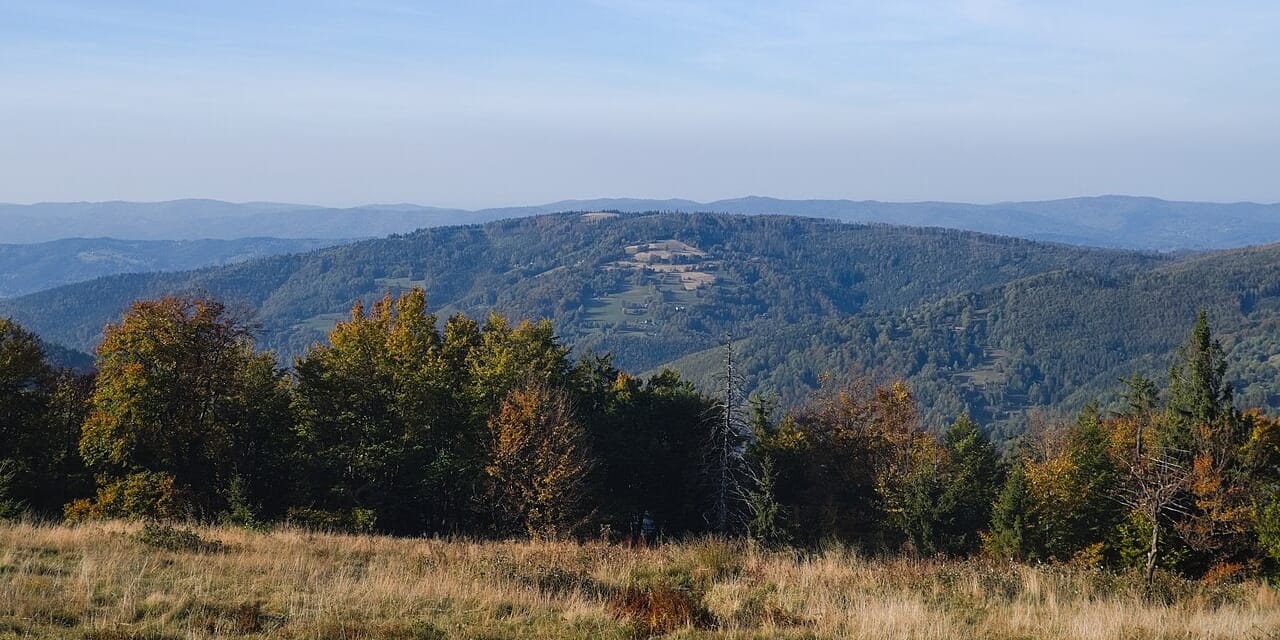 Lachów Groń widziany z Hali Mędralowej, październik 2021. Archiwalny widok na cel z oddali, nie panorama ze szczytu.