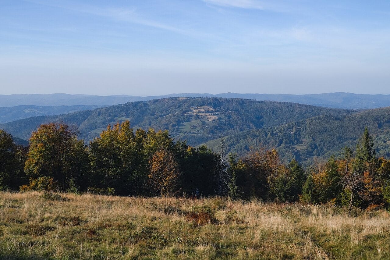 Lachów Groń widziany z Hali Mędralowej, październik 2021. Archiwalny widok na cel z oddali, nie panorama ze szczytu.